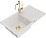 Granitinė virtuvinė plautuvė Mexen Pablo su mai&scaron;ytuvu ir sifonu, White+Gold