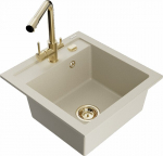 Granitinė virtuvinė plautuvė Mexen Vito su mai&scaron;ytuvu ir sifonu, Beige/Gold