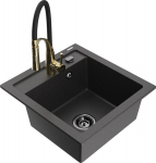 Granitinė virtuvinė plautuvė Mexen Vito su mai&scaron;ytuvu ir sifonu, Black granite/Black/Gold