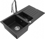 Granitinė virtuvinė plautuvė Mexen Matias su mai&scaron;ytuvu ir sifonu, Metallic black/Silver/Chrome