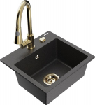 Granitinė virtuvinė plautuvė Mexen Milo su mai&scaron;ytuvu ir sifonu, Black granite+Gold