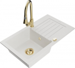 Granitinė virtuvinė plautuvė Mexen Pablo su mai&scaron;ytuvu ir sifonu, White+Gold