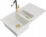 Granitinė virtuvinė plautuvė Mexen Matias su mai&scaron;ytuvu ir sifonu, White/Black/Gold