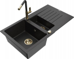 Granitinė virtuvinė plautuvė Mexen Matias su mai&scaron;ytuvu ir sifonu, Metallic black/Silver/Black/Gold