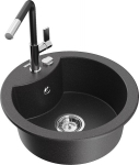 Granitinė virtuvinė plautuvė Mexen Diego su mai&scaron;ytuvu ir sifonu, Black granite/Black/Chrome