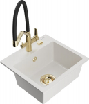 Granitinė virtuvinė plautuvė Mexen Milo su mai&scaron;ytuvu ir sifonu, White+Black/Gold