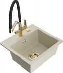 Granitinė virtuvinė plautuvė Mexen Milo su mai&scaron;ytuvu ir sifonu, Beige/Black/Gold