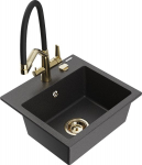 Granitinė virtuvinė plautuvė Mexen Milo su mai&scaron;ytuvu ir sifonu, Black granite+Black/Gold