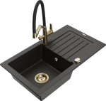 Granitinė virtuvinė plautuvė Mexen Pablo su mai&scaron;ytuvu ir sifonu, Metallic black/Black/Gold