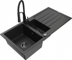 Granitinė virtuvinė plautuvė Mexen Andres su mai&scaron;ytuvu ir sifonu, Metallic black/silver/black