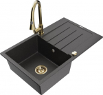 Granitinė virtuvinė plautuvė Mexen Bruno su mai&scaron;ytuvu ir sifonu, Black granite/Gold