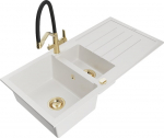 Granitinė virtuvinė plautuvė Mexen Andres su mai&scaron;ytuvu ir sifonu, White/Black/Gold