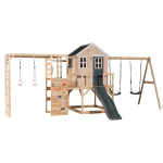 Medinė vaikų žaidimų aik&scaron;telė su čiuožykla, sūpynėmis, laipiojimo sienele, Wendi Toys M28G-G, pilka, 342 x 563 x 242 cm