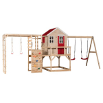 Vaikų medinė žaidimų aik&scaron;telė, žaidimų namelis su sūpynėmis, Wendi Toys M27R-G, raudona, 197 x 563 x 242 cm