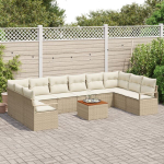11 Dalių Sodo Sofos Rinkinys su Pagalvėlėmis, Beige Poli Ratanas Akacija,2-Vietė Sodo Sofa su Pagalvėlėmis, Beige Poli Ratanas