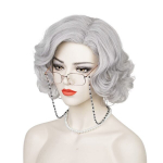 Tomigo 30 cm senutės perukas su močiutės akiniais, dirbtinių perlų vėriniu ir grandinėlėmis akiniams, trumpas pilkas močiutės perukas Helovinui ar Cosplay
