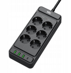 Prailgintuvas su 6 rozetėmis ir Usb-a/usb-c, 2m, juodas