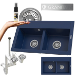Dviejų dubenų granito virtuvės kriauklė Siphon chrom Duet Granitan mėlyna