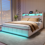 Lova 160 &times; 200 cm, su LED ap&scaron;vietimu ir USB jungtimi, keturiais stalčiais, dvigulė lova, smėlio spalvos, aksominis audinys