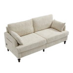 Dvivietė chenille sofa su medinėmis kojomis, LED ap&scaron;vietimu, USB jungtimi ir ki&scaron;ene, skirta svetainei