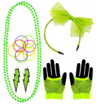 NEON GREEN THE 80s FASHION ACCESSORIES (lace bow headband, 2 beaded necklaces, pair of earrings, pair of fingerless fishnet gloves, 10 bracelets)