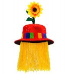 Velvet "RED CLOWN HAT WITH HAIR AND SUNFLOWER"