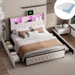 Dvigulė lova 160 &times; 200 CM, su čiužiniu, 4 stalčiais, lentyna galvūgalyje, smėlio spalvos, aksomas