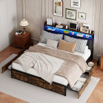 Dvigulė lova 160 x 200 cm su 4 stalčiais - galvūgalis su LED ir daiktadėžėmis - juoda