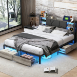 Geležinės medienos lova 160X200 cm su grotelių lovos pagrindas ir LED, Apmu&scaron;tas lovos galvūgalis su USB prievadu i&scaron; PU audinio, juodas