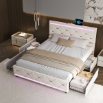 Lova 140 x 200 cm su 4 stalčiais - Galvūgalis su LED ir USB - Aksominė - Smėlio spalvos
