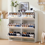 Moderni batų spinta su 6 paslėptais stalčiais, laisvai stovintis batų stovas, atviros lentynos, balta, 118x115x25 cm, 1 vnt.