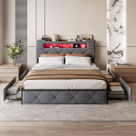 Dvigulė lova 140x200 cm - su LED ir USB jungtimis - su 4 stalčiais - aksominė - pilka