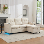 L formos miegamoji sofa su daiktadėže ir LED, 208&times;146&times;89,5 cm, smėlio spalvos, 1 vnt.