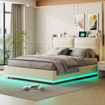 Lova 140 x 200 cm, su LED ap&scaron;vietimu, USB jungtimi, smėlio spalvos