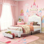 Mergaitės lova 90x200 cm - LED &scaron;viesa - reguliuojamas galvūgalis - PU - balta