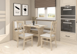 Kampinis virtuvės komplektas Meblocross D ąžuolas &bdquo;Endgrain&ldquo; / &bdquo;Eco White&ldquo; klasikinio stiliaus pamink&scaron;tintos kėdės MDF stalas