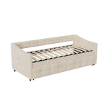 I&scaron;traukiama sofa-lova su medinėmis grotelėmis &ndash; 2-in-1 sofa ir lova su patalyne 90x200 smėlio spalvos