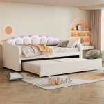 Dienos lova su i&scaron;traukiama lova ir LED ap&scaron;vietimu 90x200 cm aksomas smėlio spalva 1 vnt