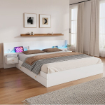180x200 cm medinė dvigulė lova su USB, LED, 2 naktinės spintelės, be čiužinio, balta