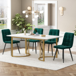 Valgomojo stalo rinkinys su stalu 140x80 cm ir 4 tamsiai žalios aksominės kėdės, auksiniai metaliniai rėmai