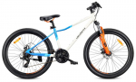 Kalnų dviratis 26 colių MTB Shimano 21 pavarų amortizatorius diskai stovėjimo atrama Verdant Calix baltas mėlynas oranžinis