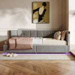 Lova 90&times;200 cm, su LED ap&scaron;vietimu ir USB sąsaja, viengulė lova, hidrauliniu būdu pakeliamas lovos rėmas, pilka, aksominis audinys