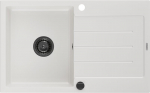 Mexen Bruno granitinis vieno dubens plautuvė su nusausintoju 795 x 495 mm, balta, juodas sifonas - 6513791010-20-B, 795 x 495 x 200 mm