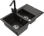 Mexen Gaspar granitinė 1,5 skylių plautuvė su drenažu ir virtuviniu mai&scaron;ytuvu Rita, juoda/aukso - 6507-75-670300-70, 737x475x177 mm
