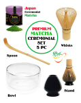 MATCHA RINKINYS - Matcha Japan Ceremonial (Kyoto), 40g + Whisks (Bambukinė &scaron;luotelė) + Spoon (&scaron;auk&scaron;telis) + Stand (&scaron;luotos laikiklis) + bowl (dvigubas stiklinis dubuo).