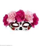 Dia de los muertos kaukė su rožinėm-raudonom rožėm