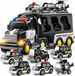 Žaislinių transporto priemonių rinkinys su priekaba, LED ap&scaron;vietimu ir muzikos efektais 7-IN-1 Policija
