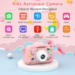 Yunlone vaiki&scaron;ka kamera 12mp astronautų asmenukių skaitmeninis fotoaparatas vaikams 1080p kamera su 2 colių Ips ekranu, 32g kortele, 8x priartinimu, vaiki&scaron;kas fotoaparatas žaislas dovana berniukams mergaitėms 3 4 5 6 7 8 9 10 metų - rožinė