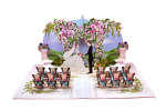 3D atvirukas - vestuvių ceremonija, jaunųjų scena po gėlių arka parke, dydis 15x20cm, su baltu voku