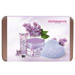 Rinkinys Dermacol Lilac Flower Care: rankų kremas 30 ml + kūno &scaron;veitiklis 200 g + kvapnioji žvakė